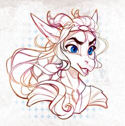  2022 anthro blue_eyes clothed clothing digital_media_(artwork) dragon eyebrows eyelashes female hair horn mythological_creature mythological_scalie mythology open_mouth pacevanrign scalie shin_(wanderingpariah) smile solo tongue 