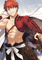  1boy abs asa_no_ha_(pattern) chrysanthemum_print emiya_shirou fate/grand_order fate_(series) floral_print flower highres igote katana male_focus muscular muscular_male nikame orange_hair senji_muramasa_(fate) signature smile solo sword topless_male upper_body weapon yellow_eyes 