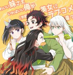  1boy 3girls arms_around_back bread brother_and_sister daki_(kimetsu_no_yaiba) food glaring hair_ornament kamado_nezuko kamado_tanjirou kimetsu_gakuen kimetsu_no_yaiba multicolored_hair multiple_girls necktie pulling san_mon scar school_uniform siblings tsuyuri_kanao 