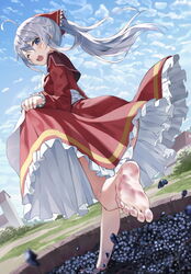  alternate_hairstyle apron barefoot barrel blush bow collared_dress commentary d; dress elaina_(majo_no_tabitabi) feet female food frilled_dress frills fruit grape_stomping grapes hair_between_eyes highres holding holding_clothes huwari_(dnwls3010) long_sleeves majo_no_tabitabi official_alternate_costume one_eye_closed open_mouth white_hair 