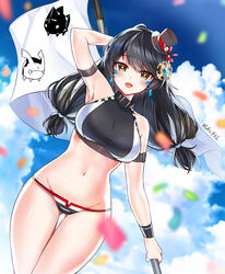  :d alternate_breast_size alternate_hair_color arm_up armband armpits ass_visible_through_thighs bare_shoulders bikini black_bikini black_hair black_hat blurry breasts cloud collar confetti cowboy_shot day depth_of_field earrings elsword eve_(2nas)_(elsword) eve_(elsword) facial_mark female flag groin halterneck hat highres holding jewelry large_breasts long_hair looking_at_viewer lowleg lowleg_bikini mal_poi md5_mismatch mini_hat moby_(elsword) navel open_mouth outdoors remy_(elsword) smile solo stomach string_bikini swimsuit thigh_gap thighs top_hat yellow_eyes 