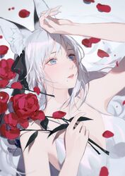  animal_ears bare_shoulders breasts dress female fingernails flower fox_ears grey_eyes hair_ribbon lying medium_breasts mole on_back original petals red_theme ribbon rose rose_petals signature solo white_dress white_hair white_theme yueko_(jiayue_wu) 