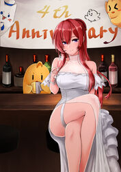  alcohol azur_lane bar_stool braid breasts crossed_legs cup cushion_(awawa) dress female frilled_dress frills gloves highres holding holding_cup large_breasts long_hair manjuu_(azur_lane) meowfficer_(azur_lane) monarch_(azur_lane) monarch_(white_warrick)_(azur_lane) official_alternate_costume purple_eyes red_hair see-through sitting solo stool white_dress white_gloves wine 