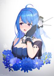  ahoge azur_lane bare_shoulders black_gloves blue_dress blue_flower blue_hair blue_rose blue_theme blush breasts chrysanthemum cleavage clematis_(flower) detached_collar dress earrings evening_gown female flower forget-me-not_(flower) gloves gradient_background hair_flower hair_ornament hand_on_own_cheek hand_on_own_face helena_(azur_lane) helena_(may_i_have_this_dance?)_(azur_lane) highres jewelry long_hair lupinus_(flower) md5_mismatch medium_breasts mouhantain multicolored_hair official_alternate_costume open_mouth purple_eyes purple_hair resolution_mismatch rose simple_background solo source_larger strapless strapless_dress two-tone_hair upper_body white_flower 