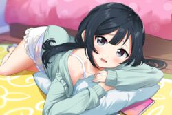  bad_id bad_pixiv_id bed bedroom black_hair blue_sweater chest_on_pillow collarbone female grey_eyes long_hair long_sleeves looking_at_viewer love_live! love_live!_nijigasaki_high_school_idol_club lying nakagawa_nana off-shoulder_sweater off_shoulder on_stomach open_mouth pillow rug shorts sidelocks smile socks solo strap sweater totoki86 white_shorts wooden_floor yuki_setsuna_(love_live!) 