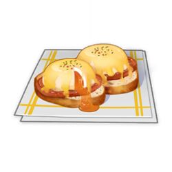  adventurer&#039;s_breakfast_sandwich_(genshin_impact) artist_request bread bread_slice egg egg_(food) egg_yolk eggs_benedict food food_focus game_cg genshin_impact ham hollandaise_sauce lowres meat napkin no_humans official_art simple_background still_life third-party_source toast transparent_background 