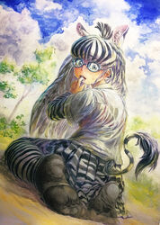  animal_ears animal_print black-framed_eyewear black_hair black_socks blue_sky cloud colored_pencil_(medium) commentary_request day dutch_angle feet female full_body glasses grey_shirt highres kemono_friends layered_sleeves long_hair long_sleeves looking_at_viewer looking_back multicolored_hair no_shoes open_mouth outdoors plains_zebra_(kemono_friends) print_skirt round_eyewear shirt short_over_long_sleeves short_sleeves sitting skirt sky socks solo tail traditional_media tree two-tone_hair wariza white_hair yukiman zebra_ears zebra_print zebra_tail 