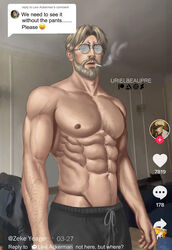  1boy abs arm_hair artist_name artstation_logo bara beard black_pants blonde_hair blue_eyes chest_hair cigarette deviantart_logo dialogue_box english_text facial_hair glasses highres instagram_logo large_pectorals levi_(shingeki_no_kyojin) looking_at_viewer male_focus meme muscular muscular_male navel navel_hair nipples pants patreon_logo pectorals round_eyewear shingeki_no_kyojin short_hair solo tiktok topless_male urielbeaupre15 zeke_yeager 