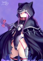  absurdres armor artist_name black_leotard bosshi breastplate cloak closed_mouth collar covered_navel dated enty_reward fate/grand_order fate_(series) female hair_ribbon highres hood leotard long_braid long_hair looking_at_viewer medusa_(fate) medusa_(lancer)_(fate) paid_reward purple_background purple_eyes purple_hair red_collar ribbon signature simple_background solo very_long_hair 