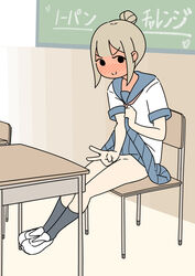  :&gt; black_socks blonde_hair blush chalkboard clothes_lift commentary convenient_arm desk doyagao ear_blush female flat_color full-face_blush hair_bun juukyuu kneehighs lifting_own_clothes limited_palette no_panties original school_desk school_uniform serafuku single_hair_bun sitting skirt skirt_lift smug socks solo translated v 