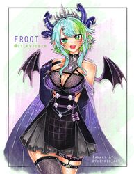  apricot_the_lich apricot_the_lich_(1st_costume) blue_hair breasts cleavage cleavage_cutout clothing_cutout demon_wings female fhenris green_eyes green_hair horns jewelry large_breasts looking_at_viewer multicolored_hair multiple_horns oerba_yun_fang open_mouth painting_(medium) pointy_ears skin_fang solo thighhighs traditional_media virtual_youtuber vshojo watercolor_(medium) wings 