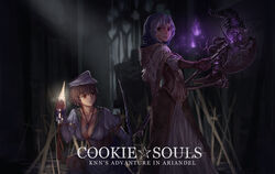  2girls absurdres armor axe blouse blue_hair breasts brown_gloves brown_hair chainmail cleavage closed_mouth commentary_request cookie_(touhou) corset cowboy_shot crossover d_tomoki dark_souls_(series) dark_souls_iii diadem dress elbow_gloves english_text fire flour_(cookie) gloves hair_between_eyes hat highres holding holding_axe holding_sword holding_weapon hood indoors jewelry kumoi_ichirin large_breasts looking_at_viewer looking_to_the_side milk_(cookie) multiple_girls murasa_minamitsu necklace on_one_knee parted_lips photoshop_(medium) purple_fire sailor_hat shirt short_hair skull smile socks standing star_(symbol) sword touhou weapon white_dress white_legwear white_shirt 