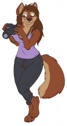  2020 4_toes 5_fingers anthro barefoot camera canid canine canis clothed clothing digital_media_(artwork) digitigrade feet female fingers hi_res mammal mlice purple_eyes simple_background smile solo tess_(wolfyne) toes white_background wolf 