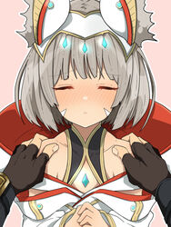  1boy animal_ear_fluff animal_ears black_gloves blush closed_eyes closed_mouth collarbone commentary_request covered_collarbone facing_viewer female fingerless_gloves gloves grey_hair highena highres long_sleeves nia_(xenoblade) nose_blush outline own_hands_together pink_background pov pov_hands rex_(xenoblade) short_hair shoulder_grab simple_background solo_focus upper_body white_outline xenoblade_chronicles_(series) xenoblade_chronicles_3 