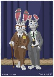  2018 alpha_channel anthro axelegandersson barefoot belt blue_eyes border bottomwear cane closed_eyes clothed clothing disney duo ear_markings eyewear facial_markings feet fully_clothed glasses hand_in_pocket hand_on_shoulder head_markings hi_res inside jack_savage lagomorph leporid mammal markings medal necktie pants pockets rabbit smile standing suit transparent_border zootopia 