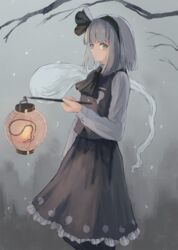  bad_id bad_pixiv_id black_ribbon female green_eyes grey_hair hair_ribbon hairband highres holding konpaku_youmu konpaku_youmu_(ghost) long_sleeves ookashippo ribbon shirt short_hair skirt skirt_set snow solo standing touhou vest white_shirt 