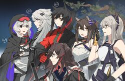  6+girls absurdres animal_ears antlers arknights bare_shoulders bear_ears black_eyes black_hair blue_eyes commentary dress firewatch_(arknights) firewatch_(wilted_cypress)_(arknights) gloves goggles goggles_on_head grey_eyes grey_hair hair_between_eyes highres holding holding_staff holding_sword holding_weapon hood hooded_jacket horns jacket lappland_(arknights) lappland_(refined_horrormare)_(arknights) long_hair long_sleeves mulberry_(arknights) multiple_girls no_freckles off_shoulder official_alternate_costume open_mouth ponytail raccoon_ears red_gloves red_shirt reverse_grip robin_(arknights) robin_(gift_of_wild)_(arknights) scar scar_across_eye shinninexxx shirt short_hair sleeveless sleeveless_dress staff sword texas_(arknights) texas_(willpower)_(arknights) upper_body weapon white_dress yellow_eyes zima_(arknights) zima_(ready_to_go)_(arknights) 