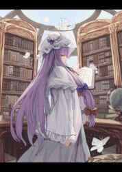  bad_id bad_pixiv_id blunt_bangs book bookshelf bow bug butterfly commentary crescent dress eyebrows_hidden_by_hair female hair_ribbon hairbow hat highres indoors letterboxed library long_hair long_sleeves looking_at_viewer ookashippo patchouli_knowledge profile purple_eyes purple_hair ribbon sideways_glance solo touhou very_long_hair 