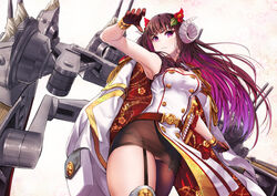  artillery azur_lane breasts brown_gloves brown_skirt buttons cannon cherry_blossom_print cleavage coat coat_on_shoulders curled_horns double-breasted epaulettes female floral_print flower from_below gloves horns large_breasts long_hair pencil_skirt print_coat purple_eyes purple_hair red_flower rigging sakuramon sheath sheathed skirt solo suruga_(azur_lane) turret white_coat zombie_mogura 