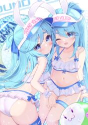  2girls ass bikini blue_eyes blue_hair blue_ribbon blush bridal_garter closed_mouth commentary english_commentary frilled_bikini frills hair_between_eyes hair_ribbon highres long_hair looking_at_viewer mikaze_oto multiple_girls near_(sound_voltex) noah_(sound_voltex) one_eye_closed open_mouth ponytail ribbon siblings sisters smile sound_voltex swimsuit thick_eyebrows thighs twins visor_cap white_bikini wrist_cuffs 