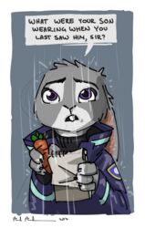  2017 anthro axelegandersson border buckteeth carrot_pen clothing coat dialogue disney english_text fur grey_body grey_fur holding_object judy_hopps lagomorph leporid mammal notebook outside purple_eyes rabbit raining solo speech_bubble teeth text topwear white_border zootopia 