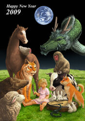  2009 animal bird blonde_hair boar bovine chicken chinese_zodiac clock closed_eyes closed_mouth commentary_request dragon dress earth_(planet) female fox grass happy_new_year horse looking_afar monkey mouse_(animal) nengajou new_year original pink_dress planet rabbit roman_numeral sheep short_hair sitting snake tiger yukiman 