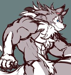  abs anthro anthrofied blue_eyes canid canine fur generation_7_pokemon hi_res istani lycanroc male mammal midday_lycanroc multicolored_body multicolored_fur muscular muscular_anthro muscular_male nintendo pecs pokemon pokemon_(species) pokemorph simple_background solo two_tone_body two_tone_fur white_body white_fur 