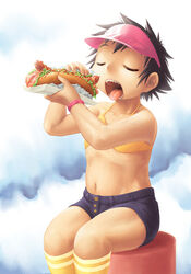  bikini bikini_top_only black_hair black_shorts closed_eyes commentary_request feet_out_of_frame female flat_chest food hat hot_dog ketchup kneehighs mustard navel open_mouth original pink_hat short_hair shorts sitting socks solo swimsuit tomboy tongue tongue_out visor_cap yellow_bikini yellow_socks yukiman 