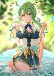  absurdres amyu_(amm_asl_pa) antlers arm_behind_back asymmetrical_hair bad_id bad_pixiv_id barefoot blue_dress blue_hair blue_nails blue_ribbon blurry blurry_background blush braid braided_bangs branch breasts bug butterfly center_opening ceres_fauna ceres_fauna_(1st_costume) cleavage closed_mouth commentary cowboy_shot crossed_bangs day dress earrings female flower framed_breasts french_braid gem green_hair hair_between_eyes hair_flower hair_ornament highres hololive hololive_english horns jewelry light_blue_hair long_hair looking_at_viewer medium_breasts multicolored_hair nail_polish neck_ribbon outdoors ribbon single_braid single_thighhigh smile solo streaked_hair sunlight thighhighs thighs two-tone_hair underbust virtual_youtuber wading water wavy_hair yellow_eyes 