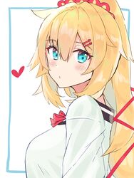  akai_haato akai_haato_(casual) aqua_eyes bad_id bad_pixiv_id blonde_hair blush blush_stickers border bow bowtie breasts closed_mouth commentary eyelashes female from_side hair_between_eyes hair_ornament hair_ribbon hairclip heart highres hololive large_breasts lips long_hair looking_at_viewer official_alternate_costume official_alternate_hairstyle ponytail red_bow red_bowtie red_ribbon ribbon scrunchie simple_background solo tsumayouji_(tumayog) upper_body virtual_youtuber white_background 