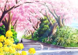  blue_sky blurry blurry_foreground bush cherry_blossoms cloud cloudy_sky commentary_request dappled_sunlight dated day fantasy feline horizon kaminaga_mutsumi looking_up no_humans original outdoors road scenery signature sky sunlight tree vanishing_point 