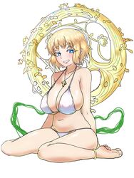  absurdres anklet belly bikini blonde_hair blue_eyes breasts collarbone covered_nipples cross cross_necklace ebora feet female florakinesis gold highres isis-demeter_(toaru) jewelry large_breasts looking_at_viewer navel necklace orsola_aquinas plant plump short_hair sitting smile solo stomach swimsuit thighs toaru_majutsu_no_index toaru_majutsu_no_index:_new_testament toes vines wariza white_bikini 