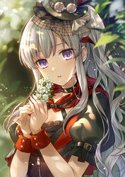  black_hat black_jacket blurry blurry_background blurry_foreground commentary_request depth_of_field female flower goggles goggles_on_headwear grey_hair hands_up hat highres holding holding_flower idolmaster idolmaster_shiny_colors iku2727 jacket long_hair looking_at_viewer mini_hat parted_lips puffy_short_sleeves puffy_sleeves purple_eyes revision short_sleeves solo upper_body wrist_cuffs yukoku_kiriko 