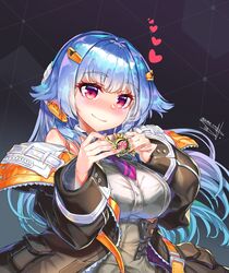  acuma blue_hair blush breasts commission female heart highres jacket last_origin long_hair purple_eyes signature smile solo tiamat_(last_origin) 