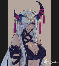  asymmetrical_horns bare_shoulders breasts cleavage cm_lynarc commentary dark-skinned_female dark_skin dragon_girl female fire_emblem fire_emblem_engage hair_ornament hair_over_one_eye horns large_breasts long_hair mature_female pointy_ears purple_eyes purple_ribbon revealing_clothes ribbon solo tan tassel tassel_hair_ornament uneven_horns very_long_hair zephia_(fire_emblem) 