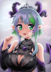  :p apricot_the_lich apricot_the_lich_(1st_costume) blue_hair breasts cleavage cleavage_cutout clothing_cutout demon_wings female green_eyes green_hair highres horns large_breasts looking_at_viewer multicolored_hair multiple_horns oerba_yun_fang oida-sama_(artist) pointy_ears skin_fang solo tongue tongue_out virtual_youtuber vshojo wings 