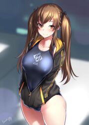  404_logo_(girls&#039;_frontline) :3 absurdres black_jacket blue_one-piece_swimsuit blurry blurry_background bosshi breasts brown_eyes brown_hair closed_mouth collarbone competition_swimsuit covered_nipples cowboy_shot depth_of_field enty_reward female girls&#039;_frontline hair_ornament hair_ribbon hairclip hands_in_pockets highres jacket large_breasts long_hair long_sleeves looking_at_viewer medium_breasts one-piece_swimsuit paid_reward ribbon smile solo standing swimsuit swimsuit_under_clothes twintails ump9_(girls&#039;_frontline) 