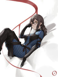  absurdres black_dress black_gloves black_hair bodysuit bodysuit_under_clothes braid commentary cotta_(heleif) dress fate/grand_order fate_(series) female glasses gloves highres korean_commentary long_braid long_hair looking_at_viewer lying no_earrings on_back pinstripe_pattern single_braid solo striped striped_bodysuit vertical-striped_bodysuit very_long_hair yellow_eyes yu_mei-ren_(fate) 