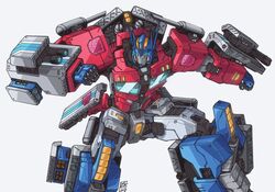  1boy absurdres autobot blue_eyes clenched_hands english_commentary highres insignia lextodrawstuff looking_to_the_side mecha missile_pod no_humans optimus_prime robot science_fiction signature solo transformers white_background 