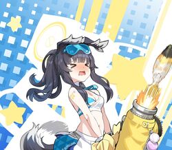  &gt;_&lt; ammunition animal_ears ayanami_barrage_(meme) bare_arms bare_shoulders black_hair blue_archive blush breasts cheerleader closed_eyes dog_ears dog_girl dog_tail eyewear_on_head female firing goggles goggles_on_head halo hibiki_(blue_archive) hibiki_(cheer_squad)_(blue_archive) holding holding_pom_poms kaede_(yumesaki_kaede) meme millennium_cheerleader_outfit_(blue_archive) mortar_(weapon) mortar_shell nose_blush official_alternate_costume open_mouth phallic_symbol pom_pom_(cheerleading) sexually_suggestive skirt small_breasts solo sticker_on_arm tail tail_wagging yellow_halo 