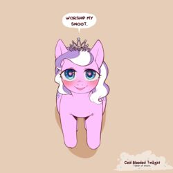  1:1 2023 artist_name blue_eyes blush cold-blooded-twilight crown dialogue diamond_tiara_(mlp) earth_pony english_text equid equine eyelashes female feral friendship_is_magic hair hasbro headgear heart_eyes heart_symbol hi_res hooves horse looking_at_viewer mammal multicolored_hair my_little_pony open_mouth pink_body pony purple_hair quadruped simple_background solo tan_background text tiara two_tone_hair white_hair young 