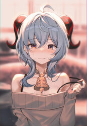  ahoge alternate_costume bad_id bad_pixiv_id bare_shoulders bell blue_hair blurry blurry_background blush bra_strap brown_eyes brown_sweater casual closed_mouth commentary cowbell curled_horns depth_of_field female ganyu_(genshin_impact) genshin_impact goat_horns hand_up harusame_(user_wawj5773) highres horns long_hair long_sleeves looking_at_viewer nose_blush off-shoulder_sweater off_shoulder smile solo strap_pull sweater upper_body 