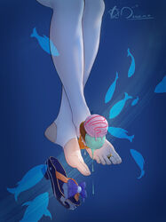  absurdres between_feet blue_background blue_footwear chinese_commentary commentary crossed_legs dated feet feet_only female food foot_focus genshin_impact highres holding holding_food holding_with_feet ice_cream ice_cream_cone jewelry legs lens_flare melting no_shoes out_of_frame sandals sangonomiya_kokomi shadow shiny_clothes signature stirrup_legwear toe_ring toeless_legwear toes triple_scoop unworn_sandals waffle_cone white_legwear xhb 