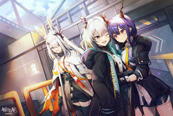  3girls alternate_universe animal_ears arknights blue_sky ch&#039;en_(arknights) copyright_name dragon_girl dragon_horns english_text frostnova_(arknights) gloves half-siblings hands_in_pockets happy horns hug landship multiple_girls one_eye_closed pistachiocream rabbit_ears rabbit_girl rhodes_island_logo_(arknights) siblings sisters sky talulah_(arknights) 