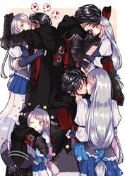  1boy babigonice black_hair blush braid clive_rosfield couple facial_hair female final_fantasy final_fantasy_xvi frills grey_hair hair_ribbon hand_on_another&#039;s_cheek hand_on_another&#039;s_face highres hug imminent_kiss jill_warrick kabedon kissing kissing_neck long_hair multiple_views one_eye_closed puffy_sleeves ribbon short_hair simple_background straight tail tail_wagging torgal_(ff16) 