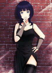  asaka_karin black_dress black_hair black_thighhighs blue_eyes blunt_bangs breasts brick_wall bridal_gauntlets collarbone dress female hand_on_own_hip hand_up highres ichiban577 jewelry lace-trimmed_legwear lace_trim large_breasts looking_at_viewer love_live! love_live!_nijigasaki_high_school_idol_club medium_hair mole mole_on_collarbone parted_lips pendant side_slit solo spaghetti_strap thighhighs 