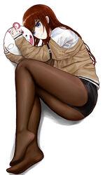  black_shorts blue_eyes blush brown_hair brown_jacket brown_pantyhose closed_mouth feet female full_body highres hopeful_wharf jacket long_hair lying makise_kurisu no_shoes on_side pantyhose pantyhose_under_shorts shirt short_shorts shorts smile soles solo steins;gate straight_hair upa_(steins;gate) white_shirt 