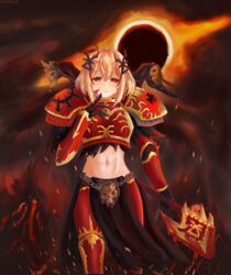  abs adeptus_astartes armor axe azur_lane bad_link black_sun blonde_hair blood blood_on_face blood_on_weapon chainsaw chaos_(warhammer) chaos_space_marine cosplay czarka123 female hair_between_eyes hair_ornament highres holding holding_axe holding_weapon khorne khorne_berserker khorne_berserker_(cosplay) medium_hair power_armor red_eyes roon_(azur_lane) shoulder_armor sidelocks skull_ornament sun warhammer_40k weapon world_eaters 