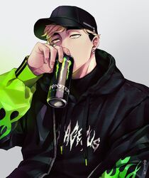  1boy alternate_eye_color baseball_cap black_hoodie black_jacket blonde_hair can drinking duuu_re earrings energy_drink green_eyes green_jacket haikyuu!! hat highres holding holding_can hood hood_down hoodie jacket jewelry male_focus miya_atsumu monster_energy multicolored_clothes multicolored_jacket off_shoulder open_clothes open_jacket ring short_hair solo twitter_username two-tone_jacket undercut upper_body 