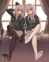  2girls absurdres bad_id bad_pixiv_id black_legwear crossed_legs feet full_body garter_straps hat highres long_hair looking_at_viewer maid maid_headdress multiple_girls no_shoes original pharamacom pointy_ears red_eyes sitting skirt soles thighhighs toes white_hair white_legwear 